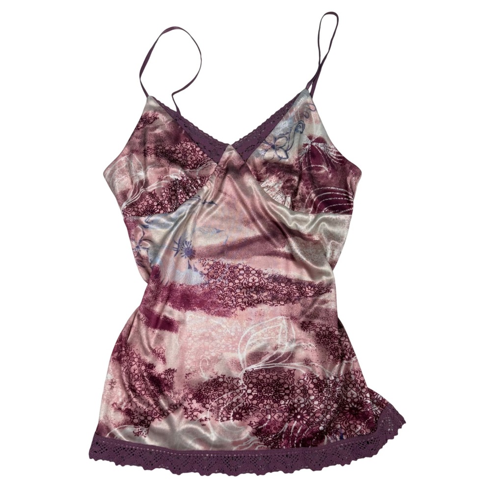 True VTG Y2K Weavers Girl Pink Floral Satin Camisole Lace Tank Top Sz M Coquette